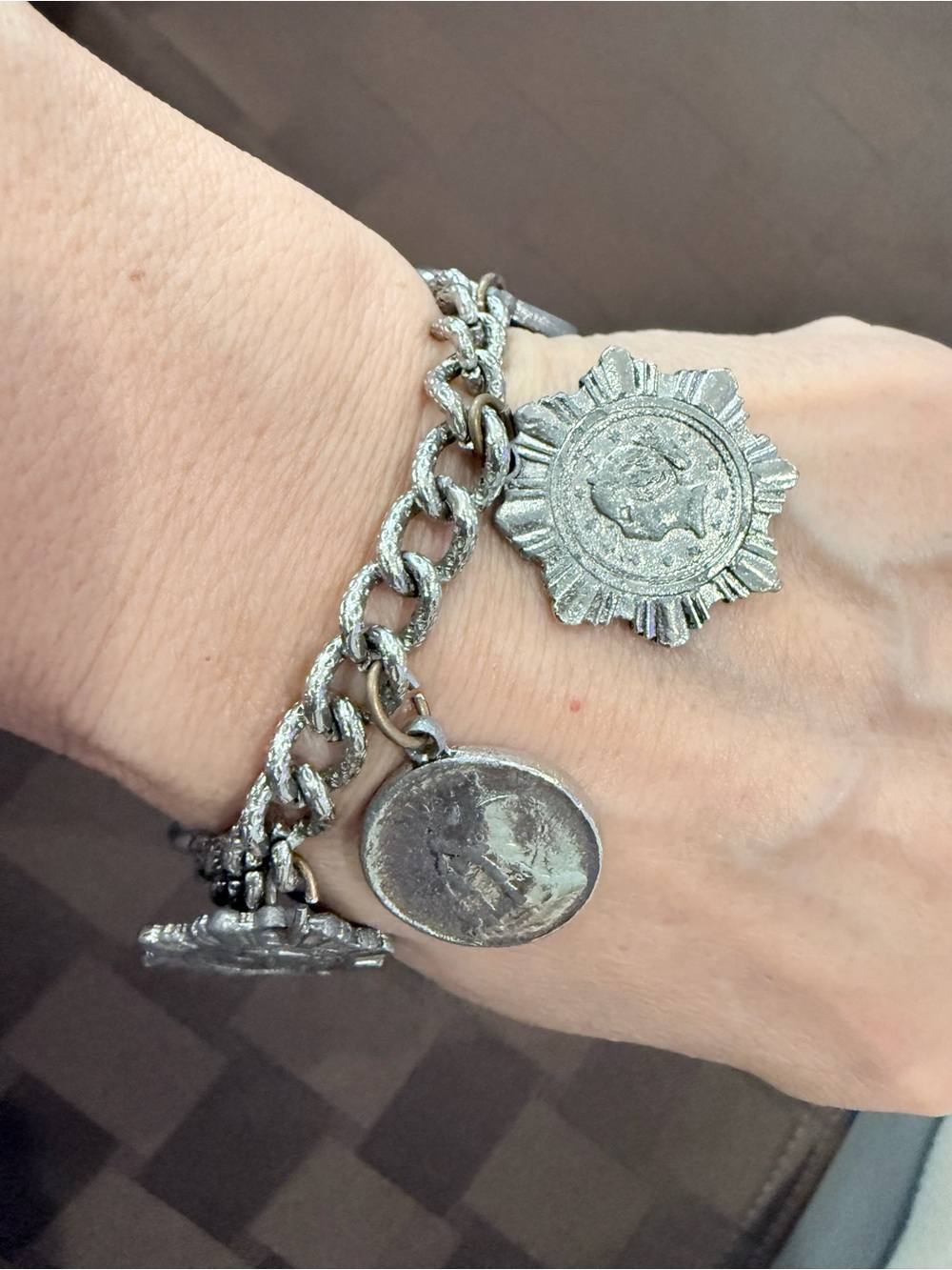 Vintage Silver Tone Roman
Replica Coin Charm Bracelet, 7.5" -
Substantial Weight